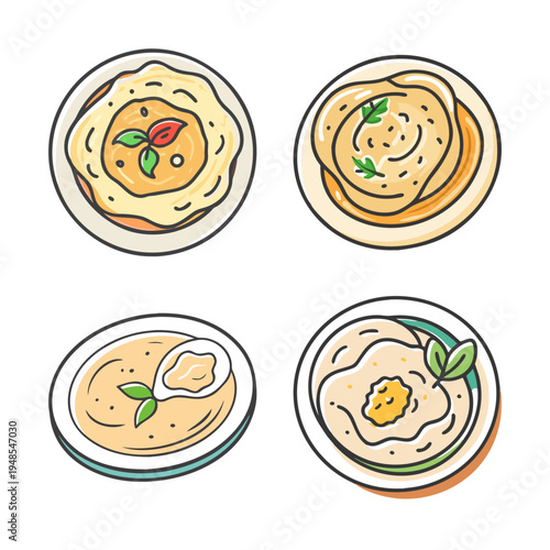 Collection of four hand-drawn cartoon hummus dip icons with garnishes