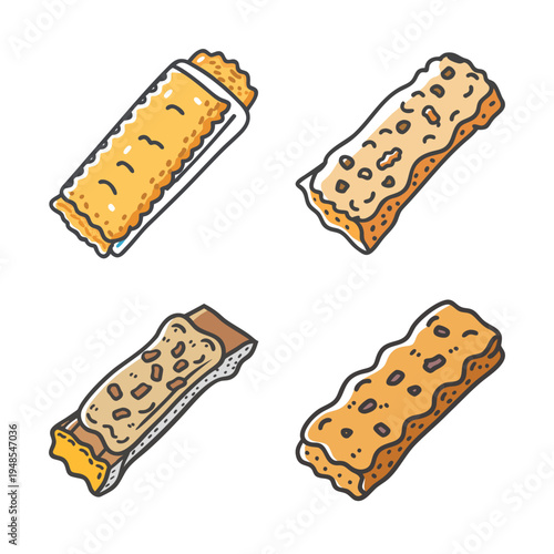 Hand-drawn granola bars, some in wrappers, isolated on white background.