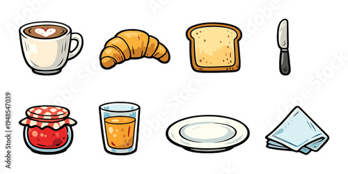 Coffee cup and breakfast food items on gradient background
