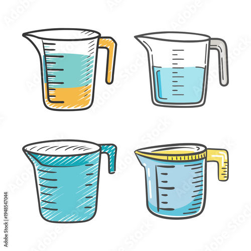 Hand-drawn measuring cups with liquid and markings, isolated on white background.