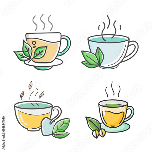 Four hand-drawn cartoon herbal tea cup icons with steam and leaves