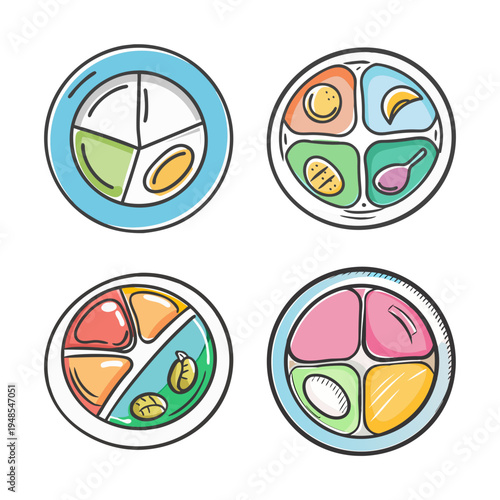 Healthy eating portion control plates with colorful food sections for balanced meals