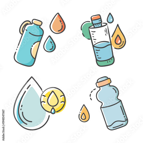Hydration icons with water bottles, drops, and sports drink for staying hydrated