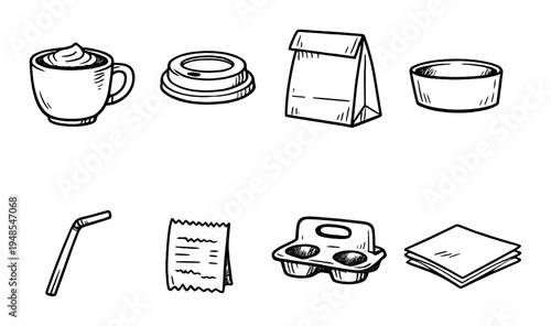 Takeaway coffee cup and packaging items on dark background