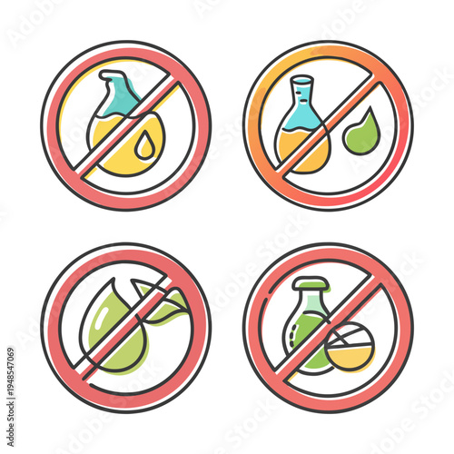 No preservatives icons with prohibition signs and chemical bottles