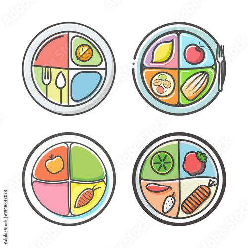 Healthy eating plate icons divided into food groups, balanced nutrition