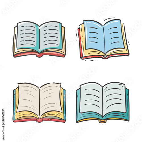 Hand drawn open book icons, colorful doodle sketch of 4 textbook elements, literary education and reading vector set