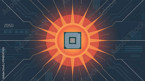 Central processing unit radiating energy with futuristic circuit board technology processor