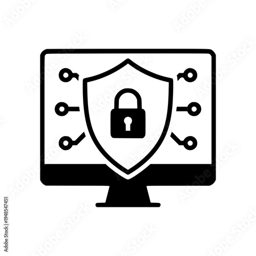Cybersecurity and Data Protection Icon: Computer Monitor with Shield and Padlock Symbol. Digital Safety and Network Security Concept Illustration