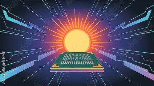 Green computer chip with sunburst and futuristic circuit lines, microchip processor technology