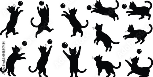 Collection of black silhouettes of playful cats interacting with bouncing balls in various dynamic poses