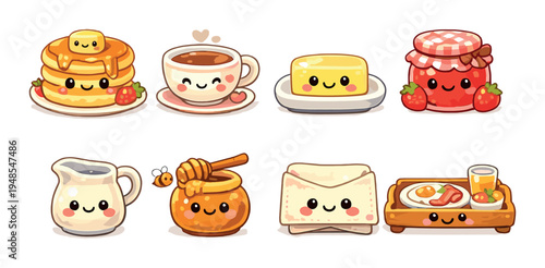 Breakfast items with faces arranged on dark gradient background