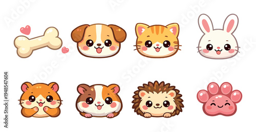 Dog cat rabbit and small pet faces arranged on gradient background