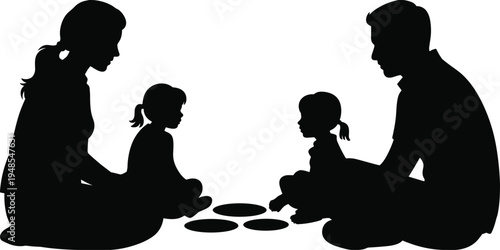 Silhouette of a family of four playing a board game together, with parents and children focused on the game