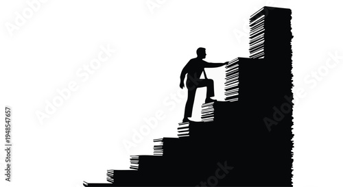 Businessman climbing up stack of books stairs to success concept in black silhouette on white background