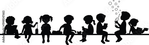 Silhouette of diverse children sitting together on a ledge, engaged in various activities like reading and blowing bubbles