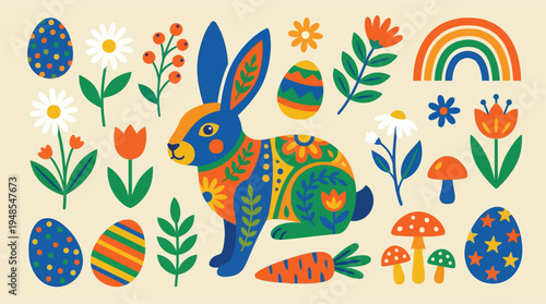 Colorful folk art Easter bunny illustration with decorated eggs, festive flowers, and playful spring elements.