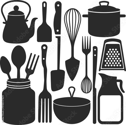 Collection of black silhouette kitchen utensils including a kettle a pot a whisk spatulas a grater a jar with spoons and forks a pitcher and a bowl