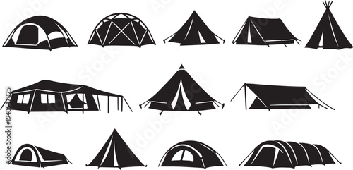Silhouette vector of various tent styles tents camping dome tent pyramid tent