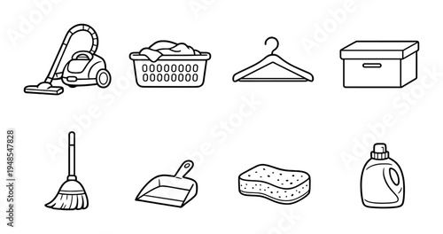 Household cleaning and laundry items on gray gradient background