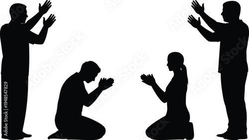 Silhouettes of people praying and worshipping in different postures against a white background devotion