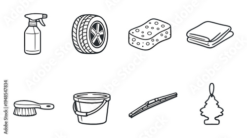 Car cleaning supplies arranged on dark background grid