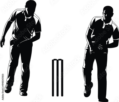 Silhouettes of two cricket bowlers in action with a wicket in the center on a white background