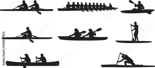 People rowing in different boats sport silhouette vector