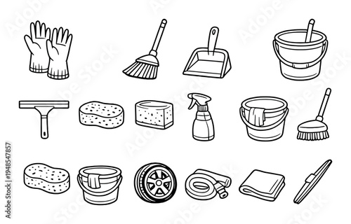 Cleaning gloves broom bucket and car wash tools on dark background