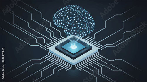 Digital brain connected to a glowing computer chip with circuit lines, artificial intelligence