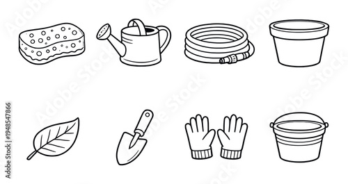 Garden sponge watering can hose pot and hand tools on dark background