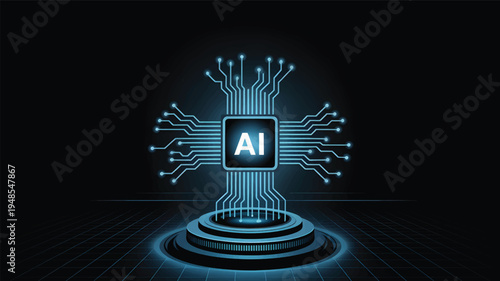 Glowing blue AI chip with circuit board connections on a dark grid platform, artificial intelligence
