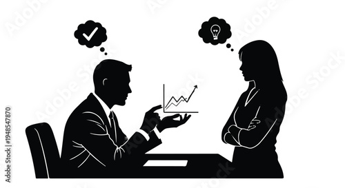 Businessman presenting graph to skeptical businesswoman in meeting, corporate office setting, professional discussion, disagreement, data analysis, teamwork