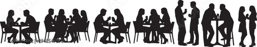 Silhouettes of people socializing at tables outdoors on a white background