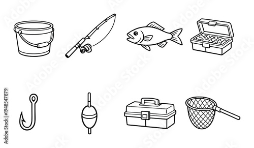 Fishing gear icons arranged on dark gradient background