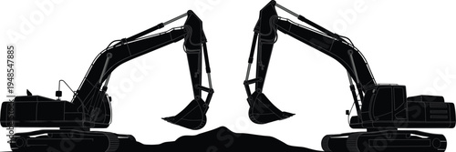 Two black silhouette excavators with raised arms and buckets positioned over dirt mounds on a white background