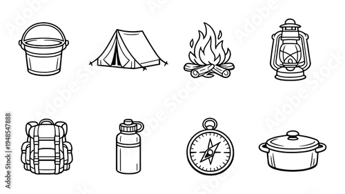 Camping equipment icons arranged on dark gradient background