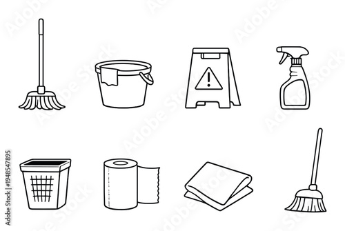 Cleaning supplies icons arranged on dark gradient background