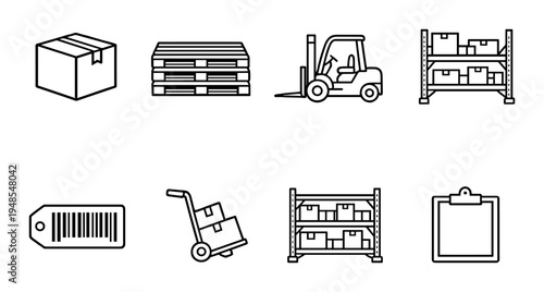 Warehouse icons of box pallet forklift and shelves on dark backdrop