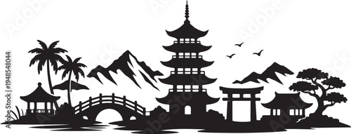  Traditional East Asian pagoda silhouette with mountains