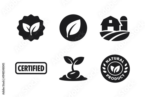 Organic and Natural Products Icon Set for Farming, Certification, Eco-friendly Branding Solid Black Icon Vector Illustration