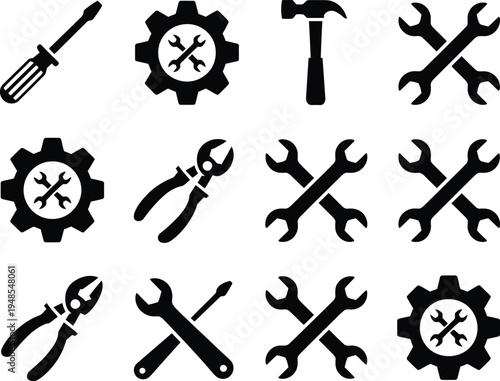 Collection of black mechanic tools and gears