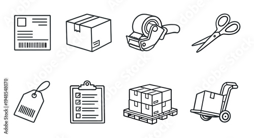 Packaging and packing tools icons displayed on dark background