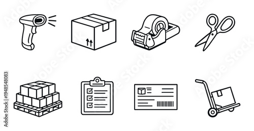 Packaging and handling icons arranged on gray background
