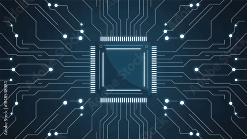Central processor chip with glowing circuit board connections and lights, computer chip technology