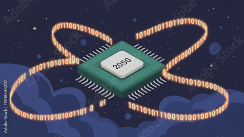 Green computer chip with glowing binary code in dark starry space, processor microchip