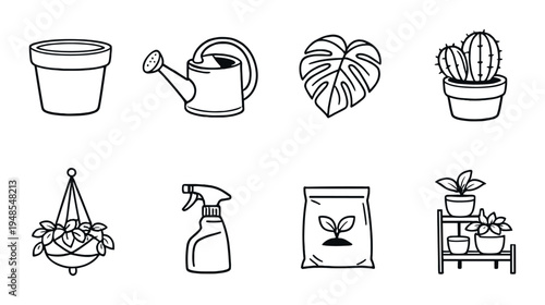 Indoor plant care icons with watering can pot and spray bottle