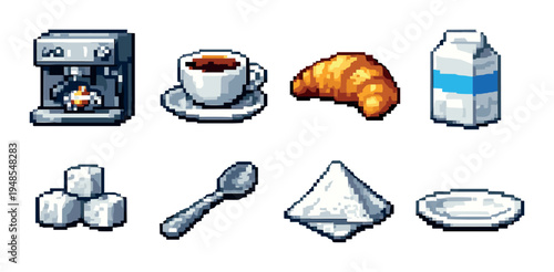 Coffee and breakfast items arranged on neutral gray background
