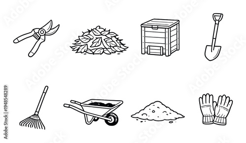 Garden cleanup tools and composting items on dark backdrop