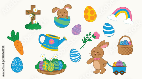 Cute cartoon collection features an Easter bunny, decorated eggs, and springtime decorations.